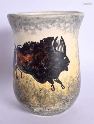 AN UNUSUAL FRENCH PORCELAIN BEAKER painted with bison. 12 cm...