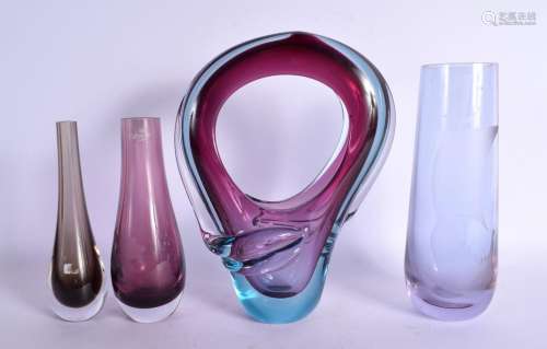 FOUR VINTAGE ART GLASS VASES. Largest 27 cm x 14 cm. (4)