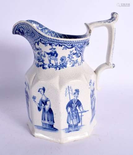AN UNUSUAL ANTIQUE BLUE AND WHITE JUG printed with figures. ...