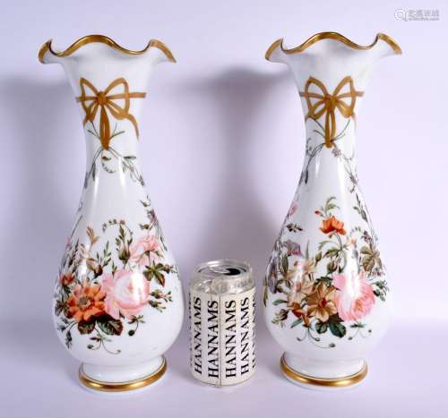 A PAIR OF FRENCH 19TH CENTURY OPALINE PAINTED VASES decorate...