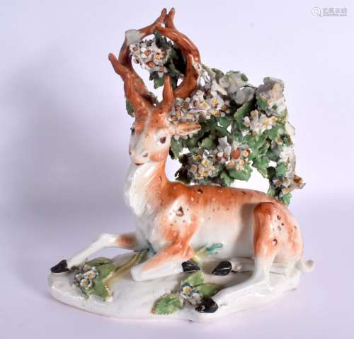 AN 18TH CENTURY DERBY PORCELAIN FIGURE OF A DEER modelled up...