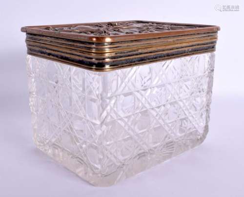 AN ANTIQUE CUT GLASS SILVER PLATED BOX AND COVER. 15 cm x 12...