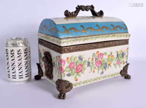 A LARGE CONTINENTAL POTTERY BOX AND COVER with bronze mounts...