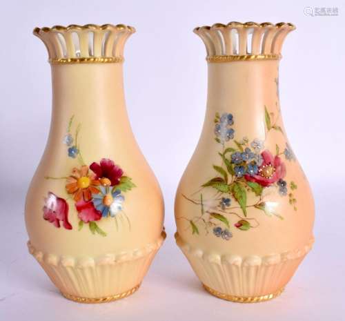 Royal Worcester pair of pierced neck vases shape G1061 paint...