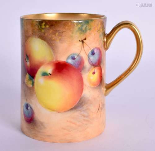 Royal Worcester mug painted with fruit by Roberts, signed, b...