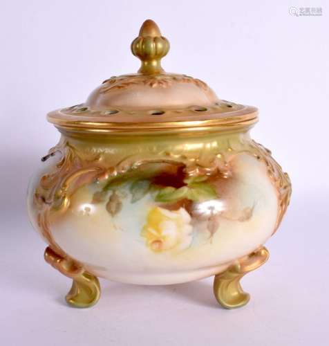 Royal Worcester footed pot pourri vase and cover painted wit...