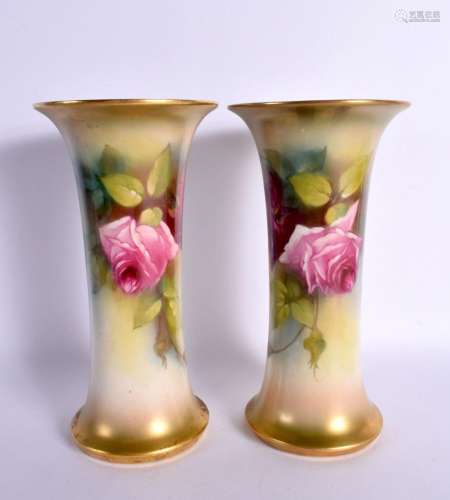 Royal Worcester large pair of trumpet shaped vases painted w...