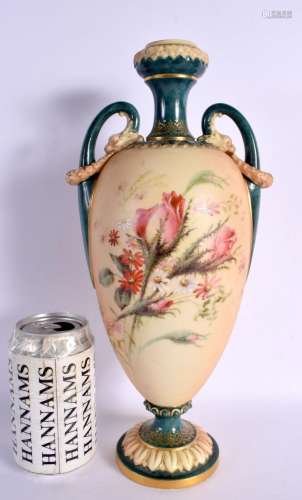 Royal Worcester large two handled vase painted with thistles...