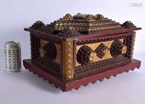 A VERY LARGE TRENCH ART CARVED CASKET of geometric form. 38 ...