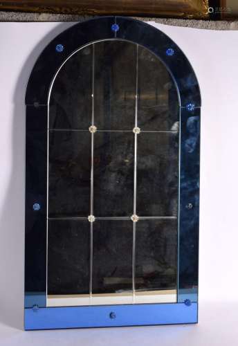 A 1950S BLUE AND CLEAR GLASS MIRROR. 74 cm x 40 cm.