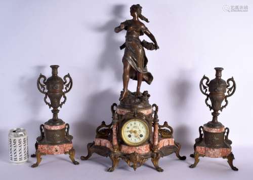 A LARGE ANTIQUE SPELTER CLOCK GARNITURE. Clock 53 cm x 18 cm...