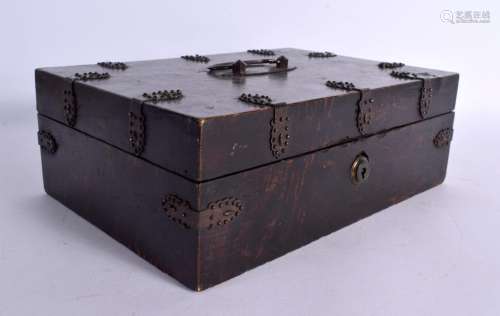 AN ANTIQUE CONTINENTAL RECTANGULAR BOX overlaid with strap w...