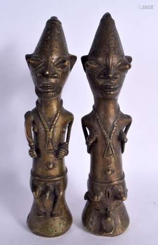 A PAIR OF AFRICAN TRIBAL BRONZE FIGURES possibly Yoruba. 28 ...