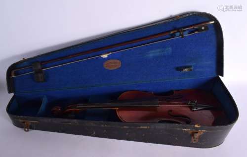 A CASED TWO PIECE BACK VIOLIN with bow. 54 cm long, length o...