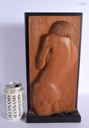 A STYLISH 1950S CARVED WOOD AND MARBLE PLAQUE OF A NUDE FEMA...