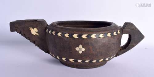 AN UNUSUAL TRIBAL BONE INLAID CARVED WOOD POURING BOWL decor...