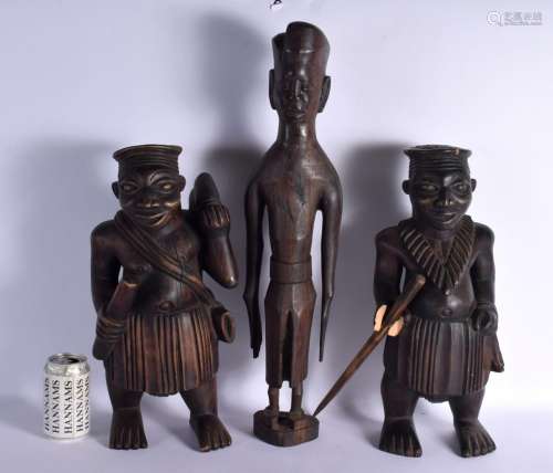 THREE LARGE VINTAGE AFRICAN HARDWOOD FIGURES. Largest 62 cm ...