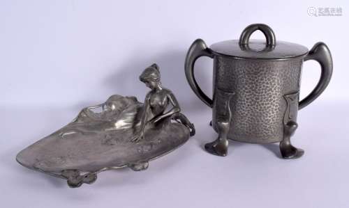AN ART NOUVEAU PEWTER FIGURAL LILY POND DISH together with a...