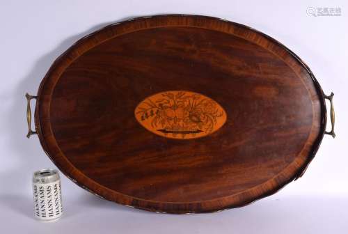 A LARGE VICTORIAN TWIN HANDLED MAHOGANY TEA TRAY. 72 cm x 40...