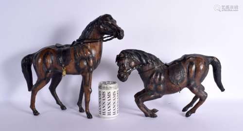 A PAIR OF VINTAGE LEATHER COUNTRY HOUSE HORSES. Largest 33 c...