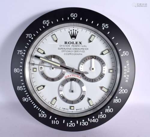 A ROLEX SHOP DISPLAY ADVERTISING WALL CLOCK. 33 cm diameter.