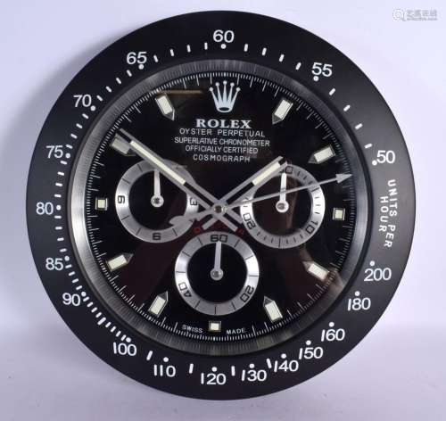 A ROLEX SHOP DISPLAY ADVERTISING WALL CLOCK. 33 cm diameter.