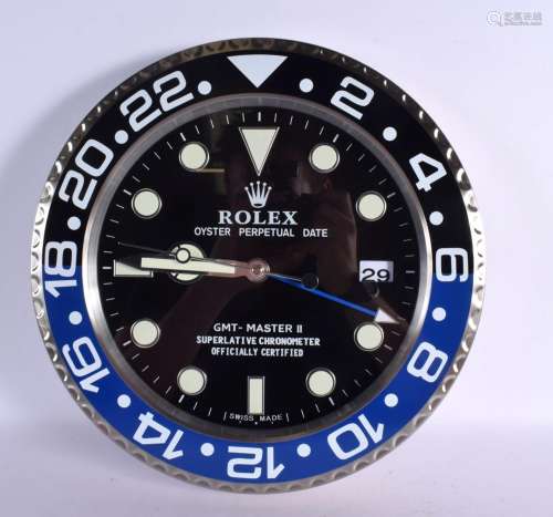 A ROLEX SHOP DISPLAY ADVERTISING WALL CLOCK. 33 cm diameter.