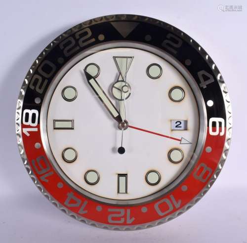 A ROLEX SHOP DISPLAY ADVERTISING WALL CLOCK. 33 cm diameter.