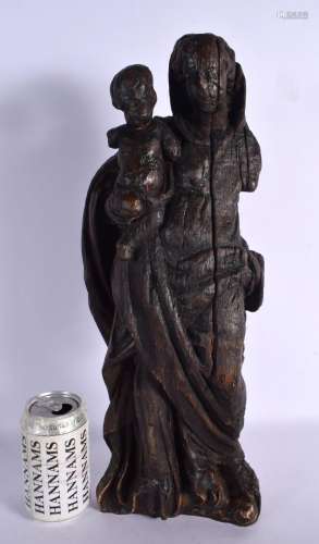 A LARGE ANTIQUE CARVED EUROPEAN CARVED WOOD FIGURE OF A SAIN...