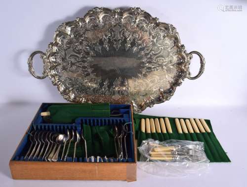 A LARGE ANTIQUE SILVER PLATED TRAY together with assorted fl...