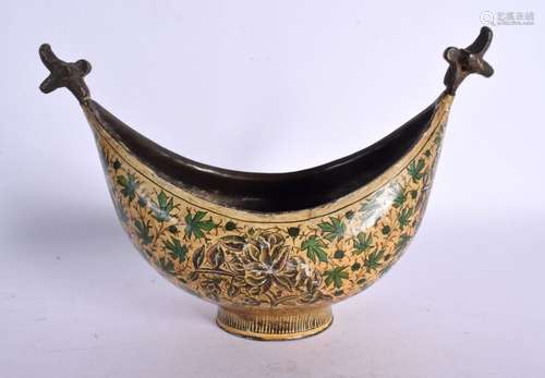 A MIDDLE EASTERN PERSIAN KASHMIR LACQUER BOAT. 18 cm x 12 cm...