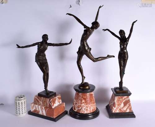 A SET OF THREE CONTEMPORARY ART DECO BRONZE AND MARBLE FIGUR...