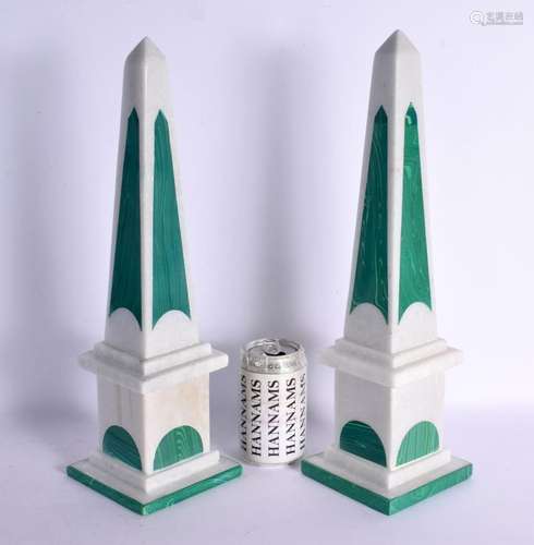 A LARGE PAIR OF CONTEMPORARY MARBLE AND MALACHITE OBELISKS. ...