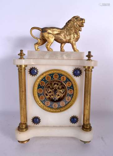 A CONTEMPORARY GILT METAL ALABASTER LION CLOCK. 37 cm x 18 c...