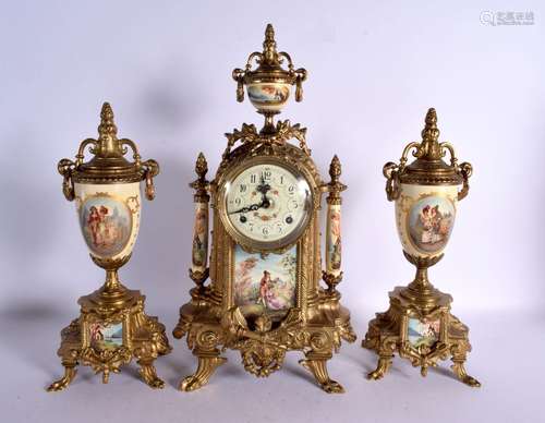 A CONTINENTAL GILT METAL CLOCK GARNITURE decorated with figu...