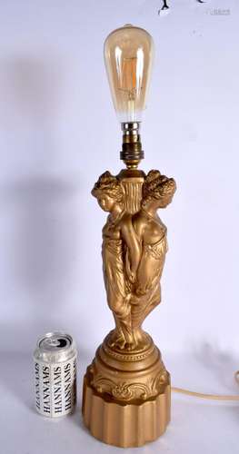 A VINTAGE CONTINENTAL LACQUERED TRIPLE FEMALE LAMP. 54 cm hi...