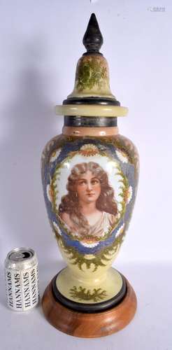 A LARGE EARLY 20TH CENTURY PAINTED GLASS VASE AND COVER. 55 ...