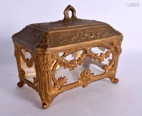 AN ANTIQUE FRENCH GILT METAL AND CRYSTAL GLASS BOX. 14 cm x ...