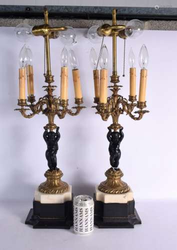 A PAIR OF CONTINENTAL MARBLE CANDLEABRA LAMPS. 67 cm high.