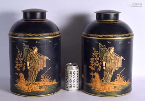 A PAIR OF CONTEMPORARY TOLE WAR COUNTRY HOUSE TINS AND COVER...