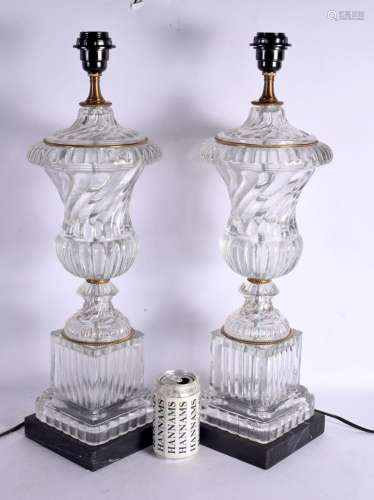 A LARGE PAIR OF CONTEMPORARY GLASS COUNTRY HOUSE LAMPS. 55 c...