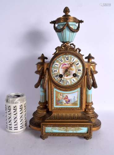 AN ANTIQUE FRENCH SEVRES STYLE BRONZE MANTEL CLOCK. 40 cm x ...