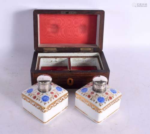 A CHARMING ANTIQUE FRENCH TWIN PORCELAIN SCENT BOTTLE BOX. 1...