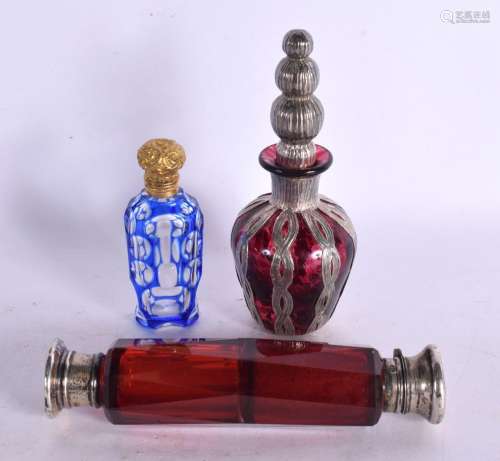 A VICTORIAN RUBY DOUBLE ENDED SILVER SCENT BOTTLE together w...