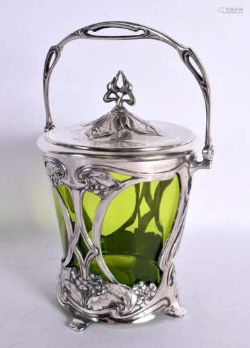 A STYLISH WMF ART NOUVEAU SILVER PLATED GREEN GLASS BISCUIT ...