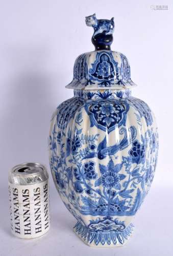 A LARGE DELFT BLUE AND WHITE TIN GLAZED VASE AND COVER. 36 c...