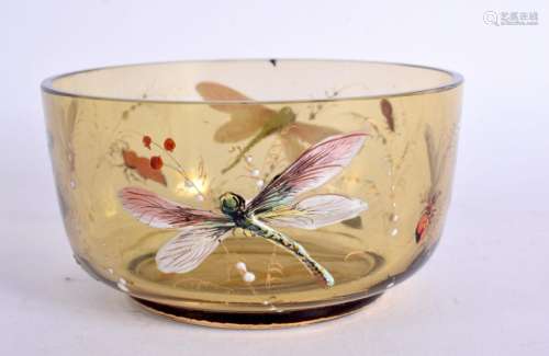 A CHARMING EARLY 20TH CENTURY ENAMELLED AMBER GLASS BOWL pai...