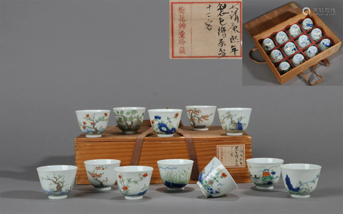 A SET OF BLUE AND WHITE WUCAI GLAZED FLOWER IMMORTAL CUPS