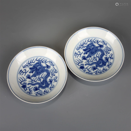 A PAIR OF BLUE AND WHITE STANDING DRAGON PLATES