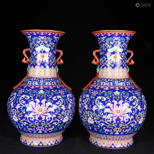 A PAIR OF YANGCAI GLAZED INTERLOCKING LOTUS DOUBLE RUYI EARE...